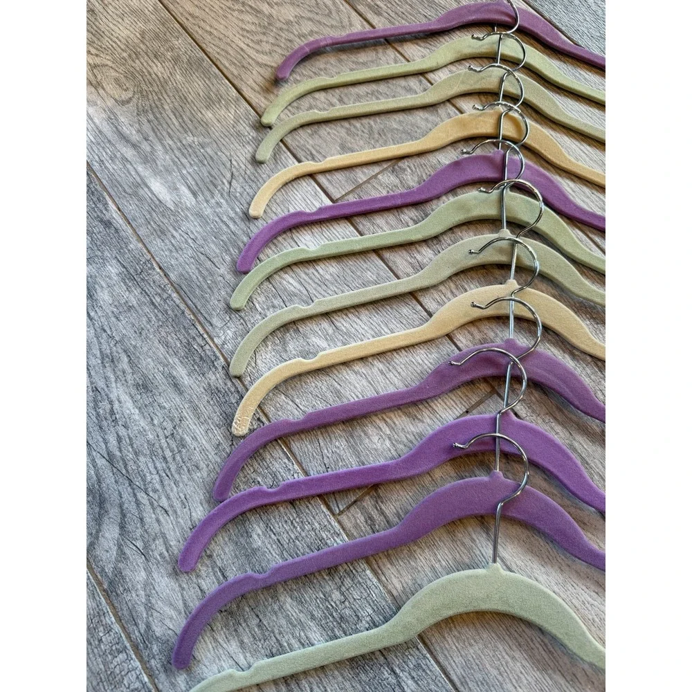Velvet Clothes Hangers 12 Pack Purple Green Tan Non Slip Slim Profile Clothing
